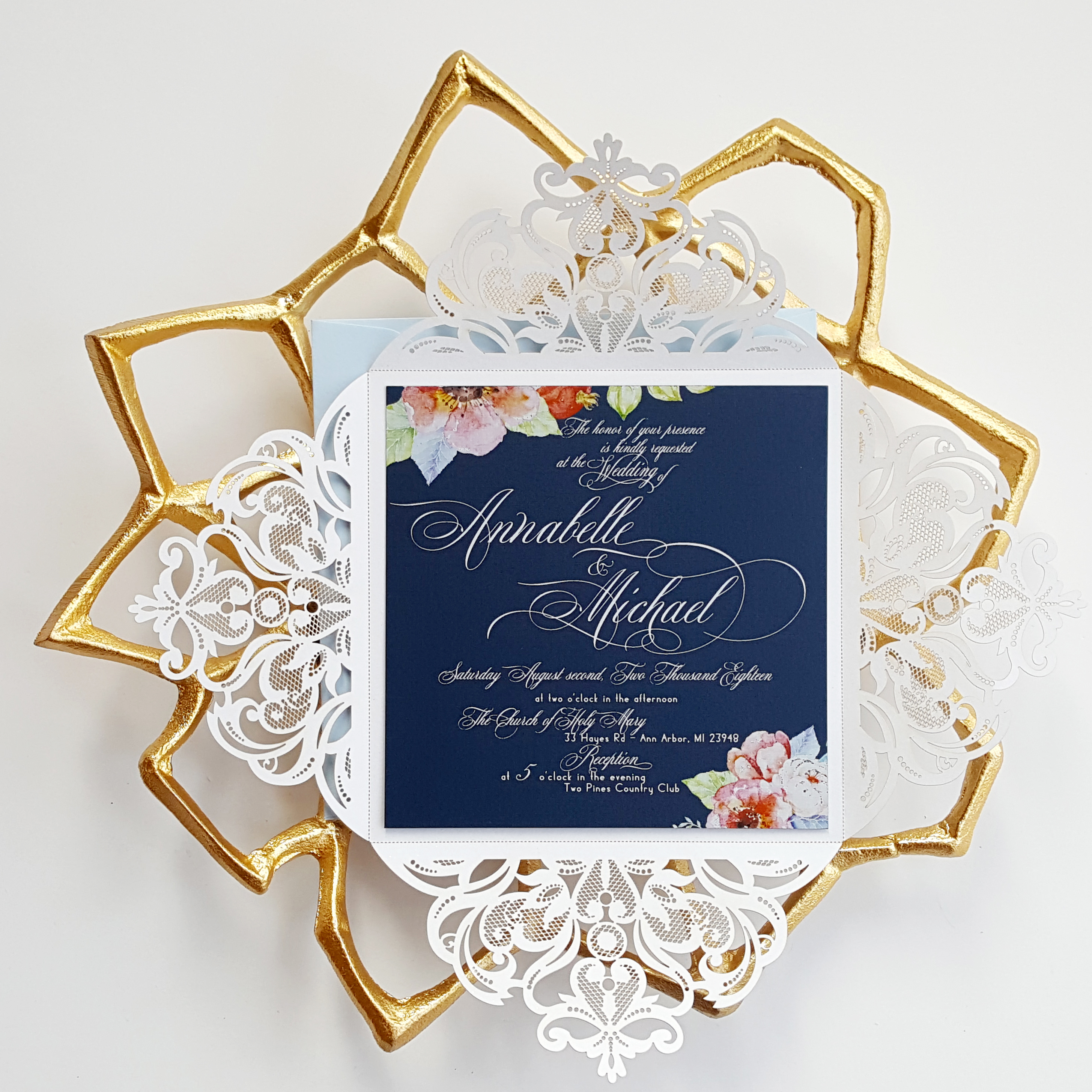 Elegant Wedding Invitation Floral Wedding Invites Navy Blue Laser Cut Invitation Suite Sample 