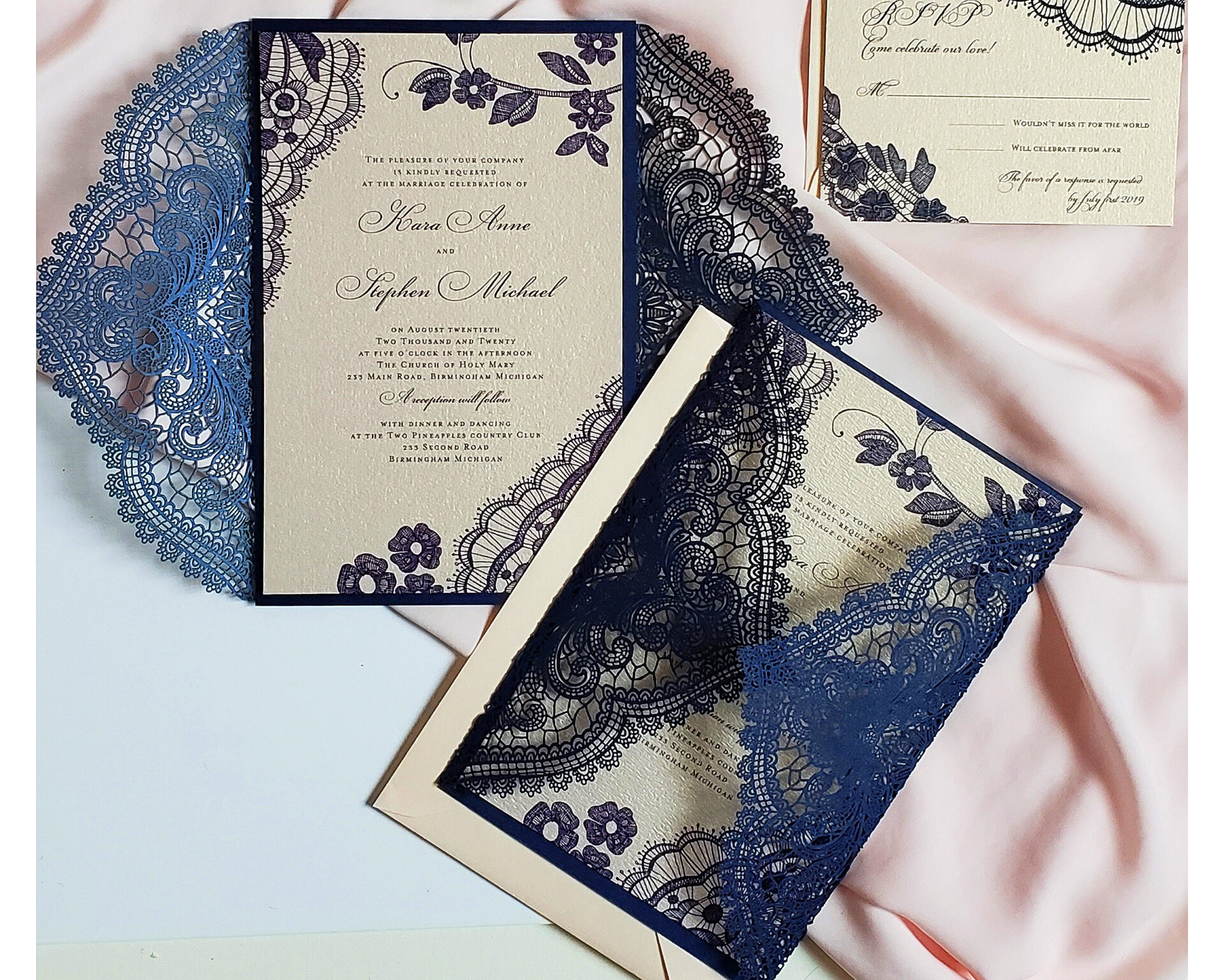 Navy Lace Wedding Invitation, Elegant Laser cut wedding