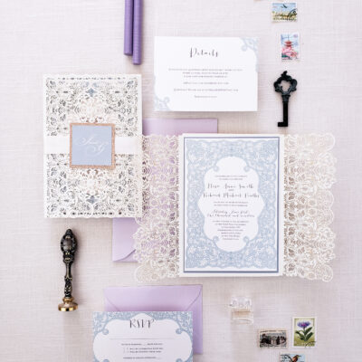 white and lavender stationery with lace detailing