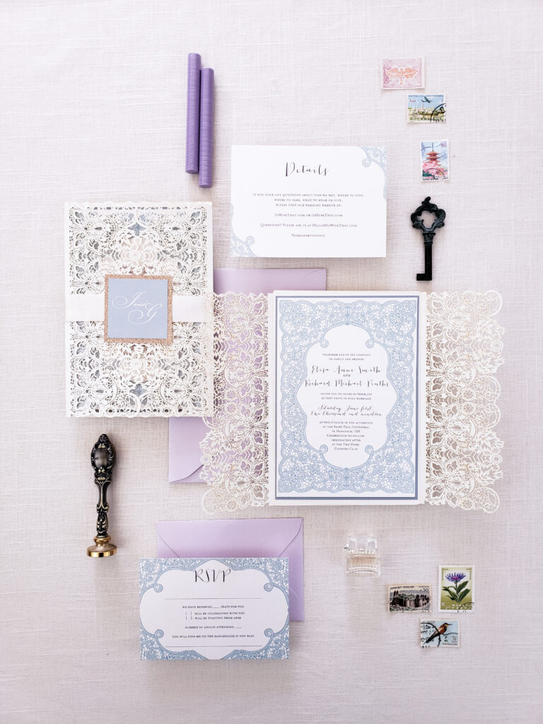 white and lavender stationery with lace detailing