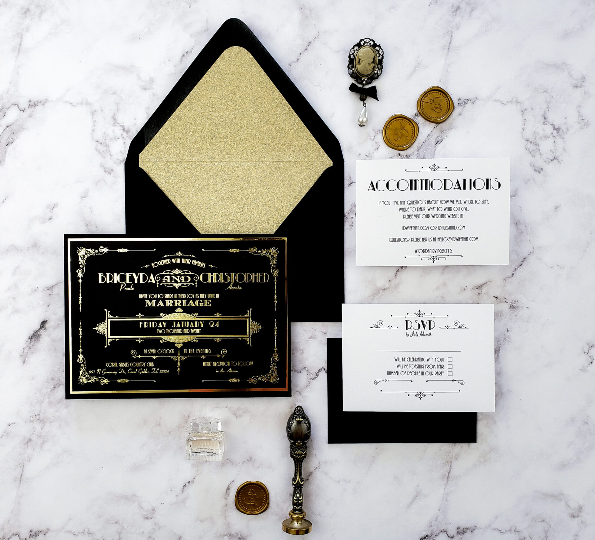 art deco style black and gold wedding invitations with gold wax seal