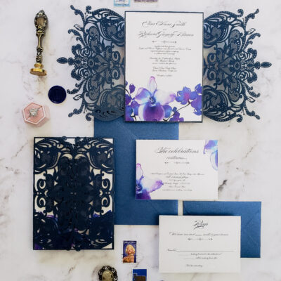 navy blue lasercut wedding invitations