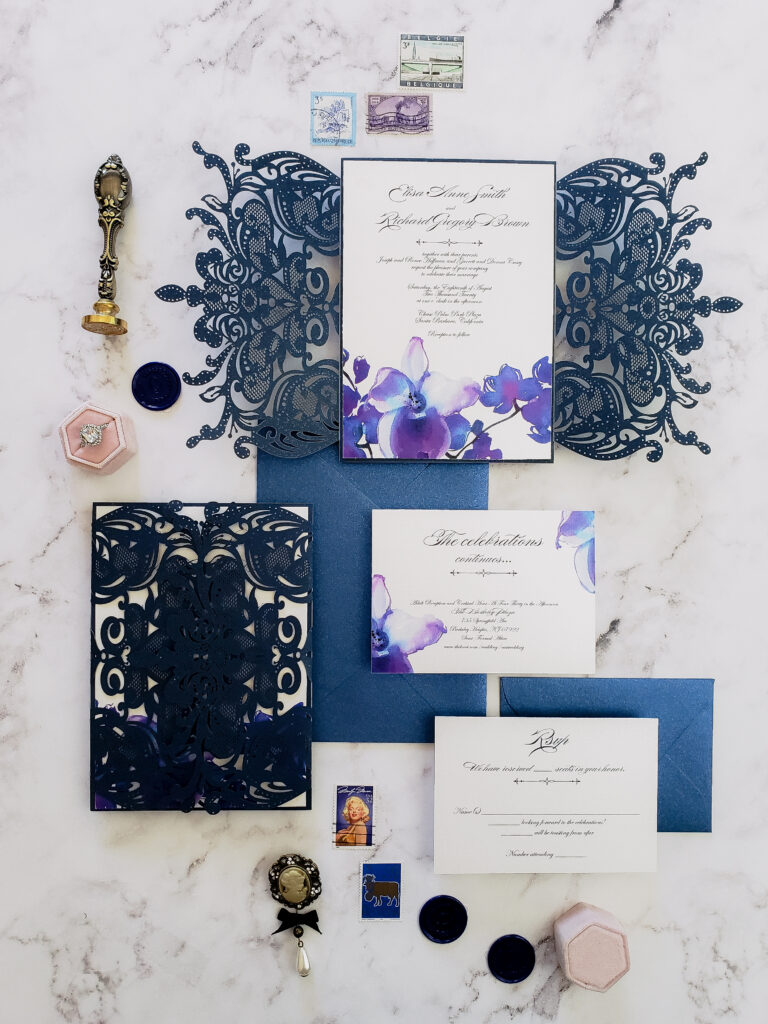 navy blue lasercut wedding invitations