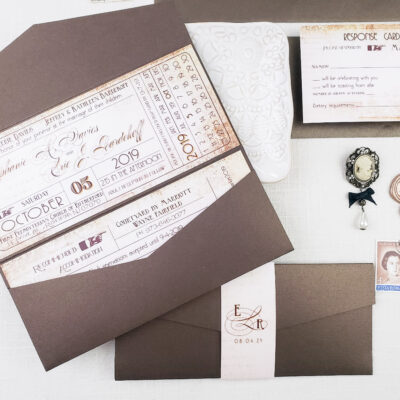 vintage-themed stationery set with dark brown envelopes