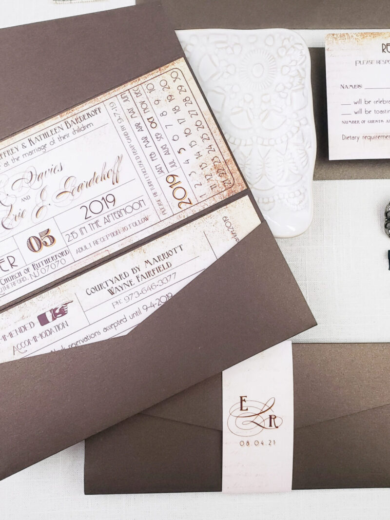 vintage-themed stationery set with dark brown envelopes