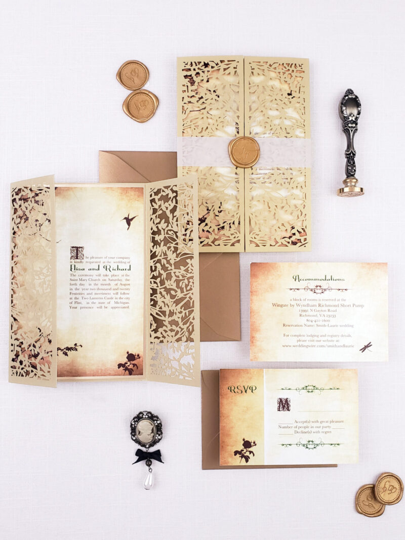 gold lace on vintage card with wax stamp and seals