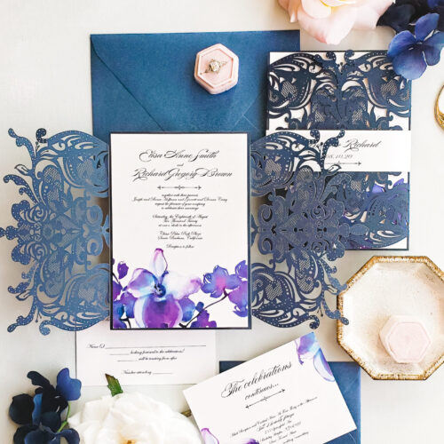 Orchid Wedding Invitation, Blue Laser cut Wedding