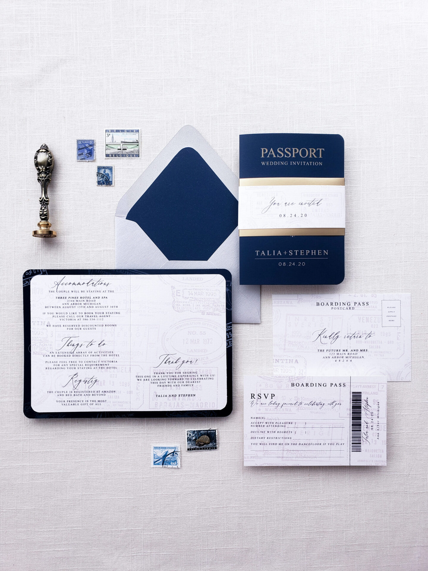 navy blue passport wedding invitation