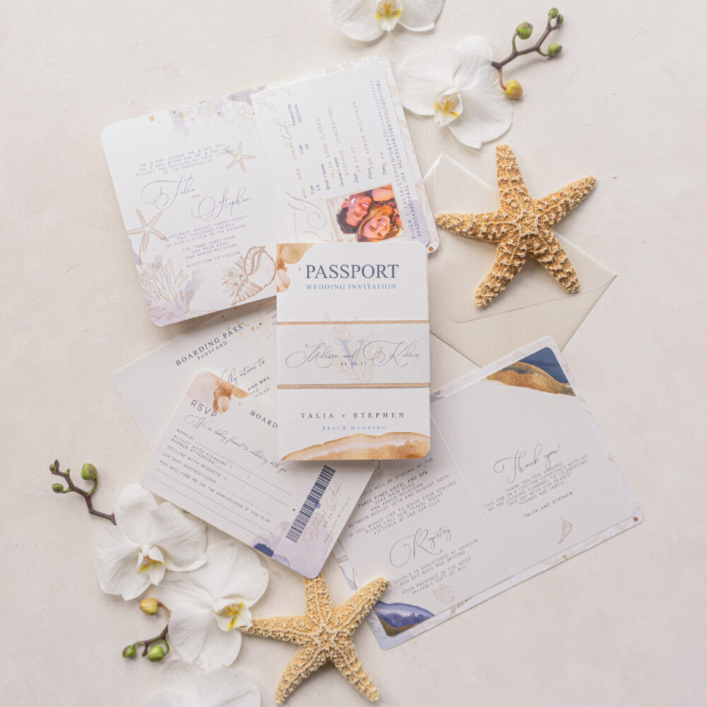 seashells wedding invitation passport