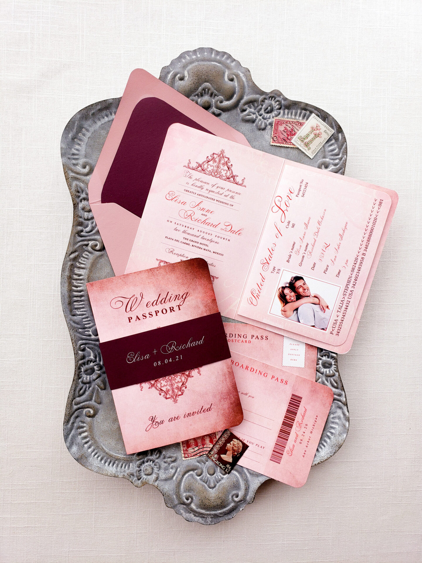 burgundy passport wedding invitations