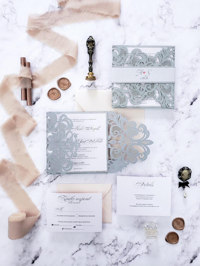 silver laser cut wedding invitation suite, wedding invitation card, elegant invitations for wedding laser cut suite