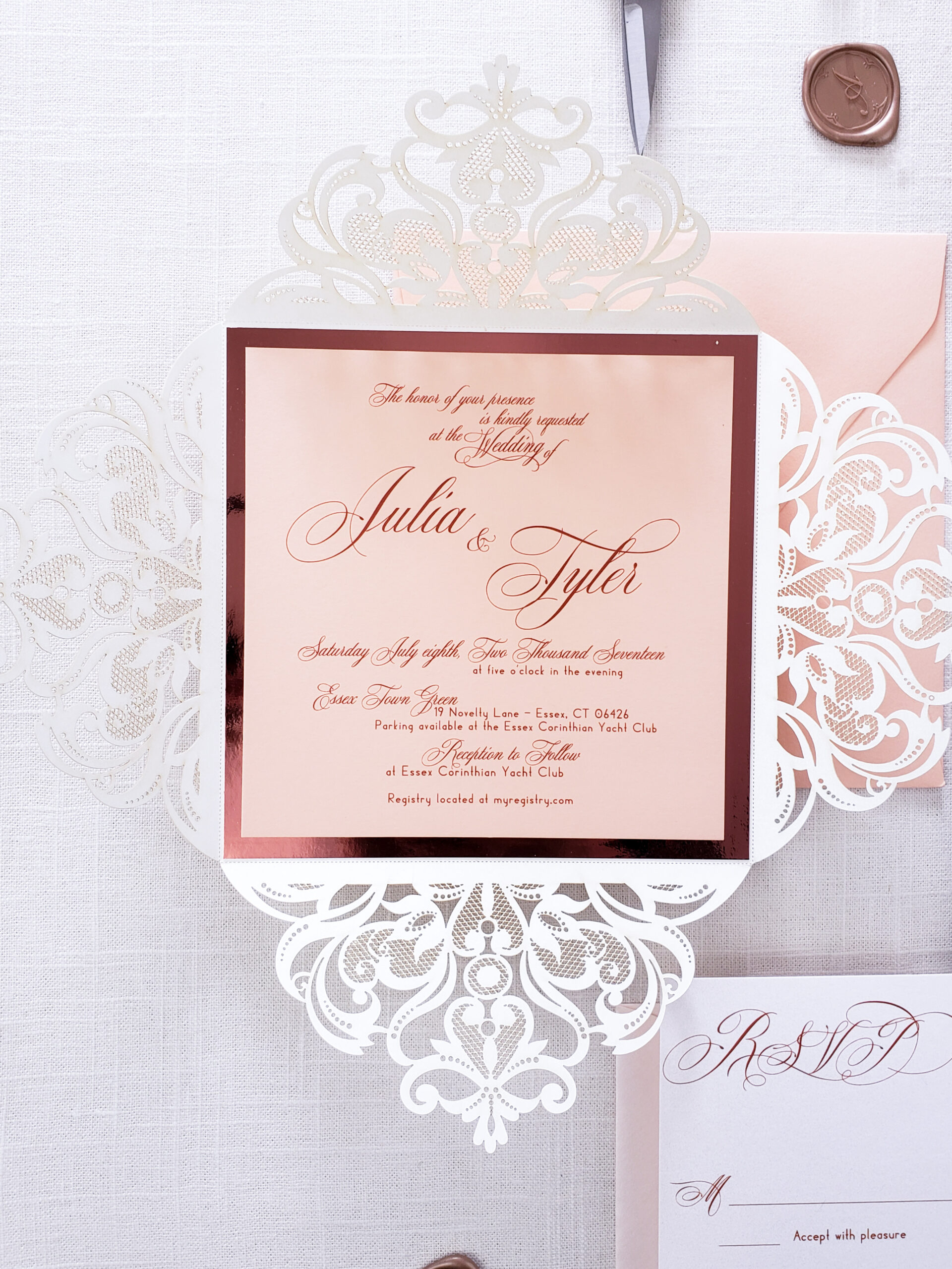 Peach wedding invitations laser cut customized