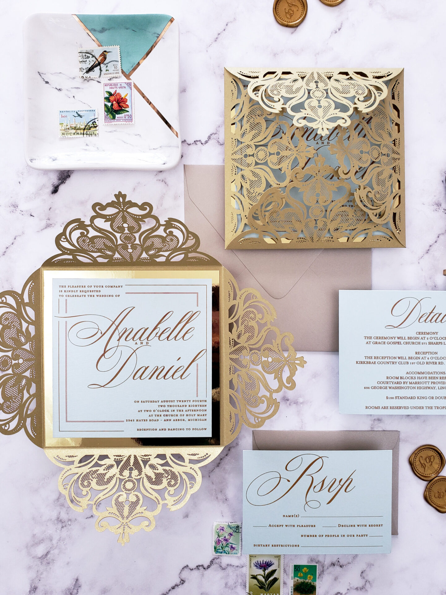 Gold laser cut wedding invitations sample