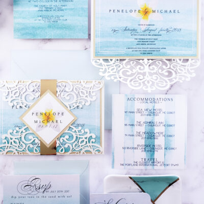 tropical wedding invitation in sky blue white and gold