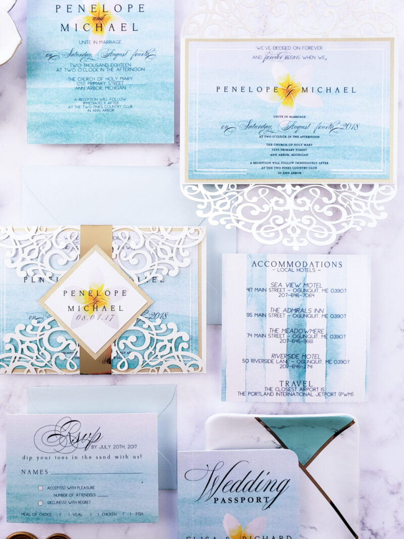 tropical wedding invitation in sky blue white and gold