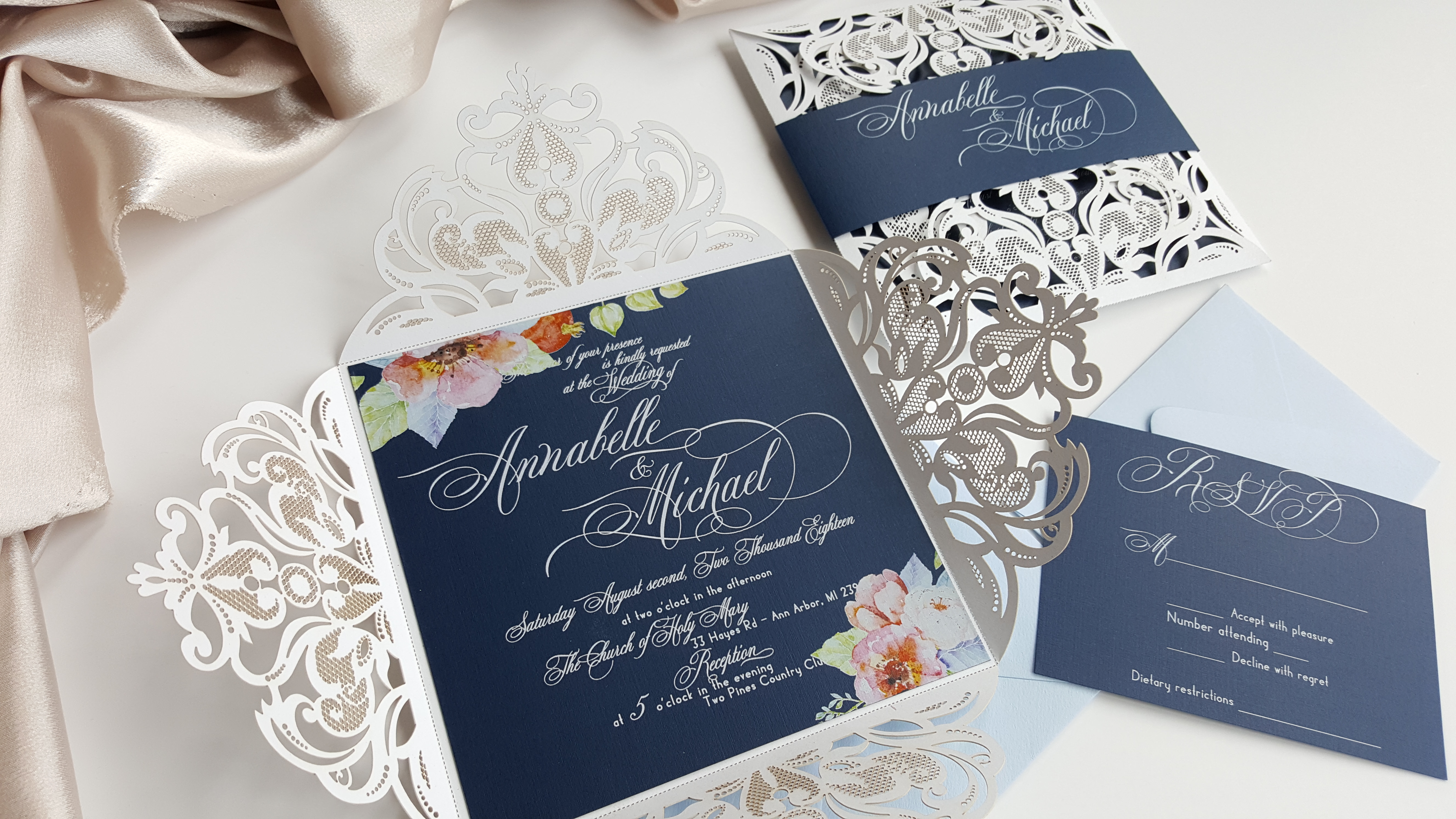 Elegant Wedding Invitation Floral Wedding Invites Navy blue laser cut