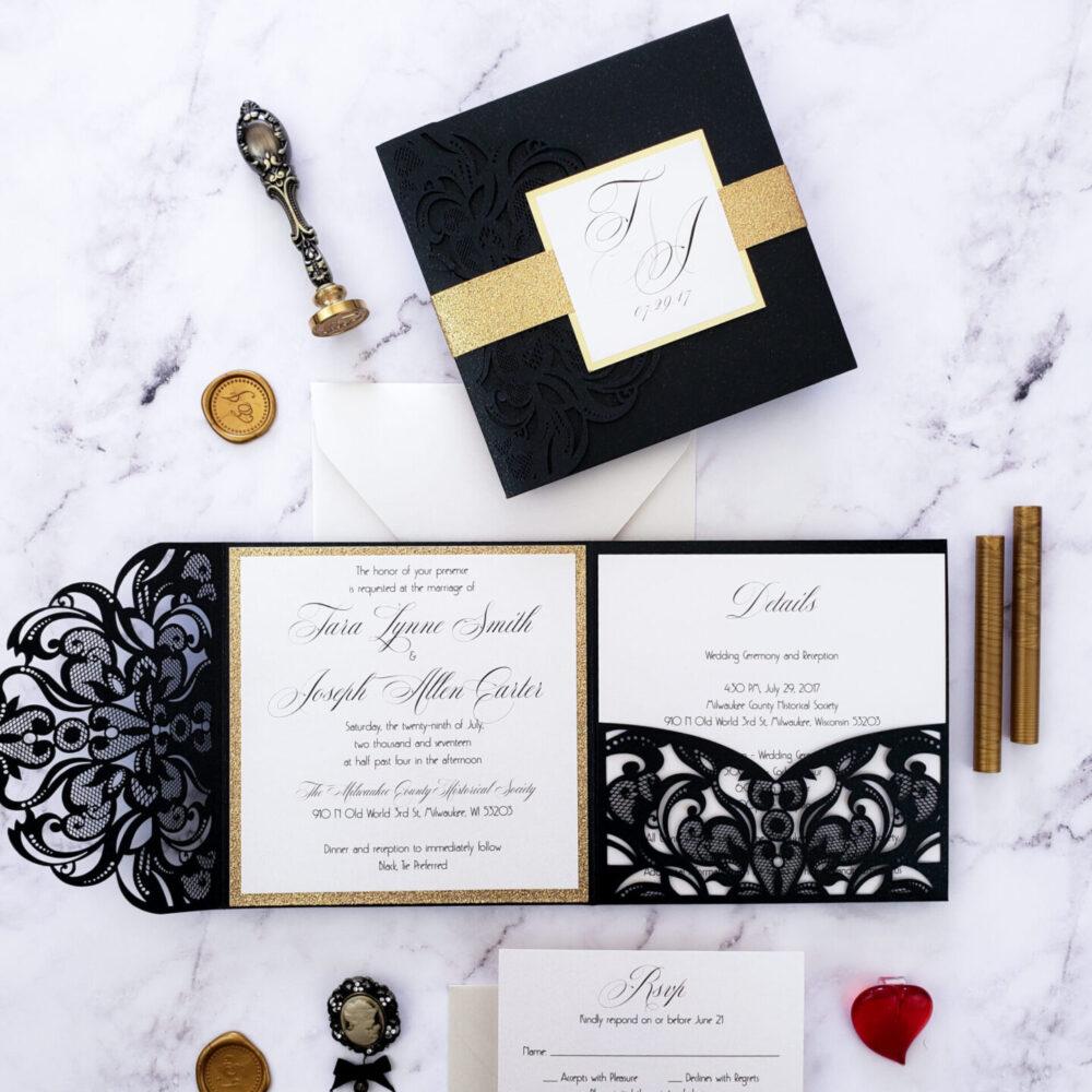 Invitations wedding elegant, wedding invitation elegant, black gold wedding invitations laser cut, elegant laser cut invites