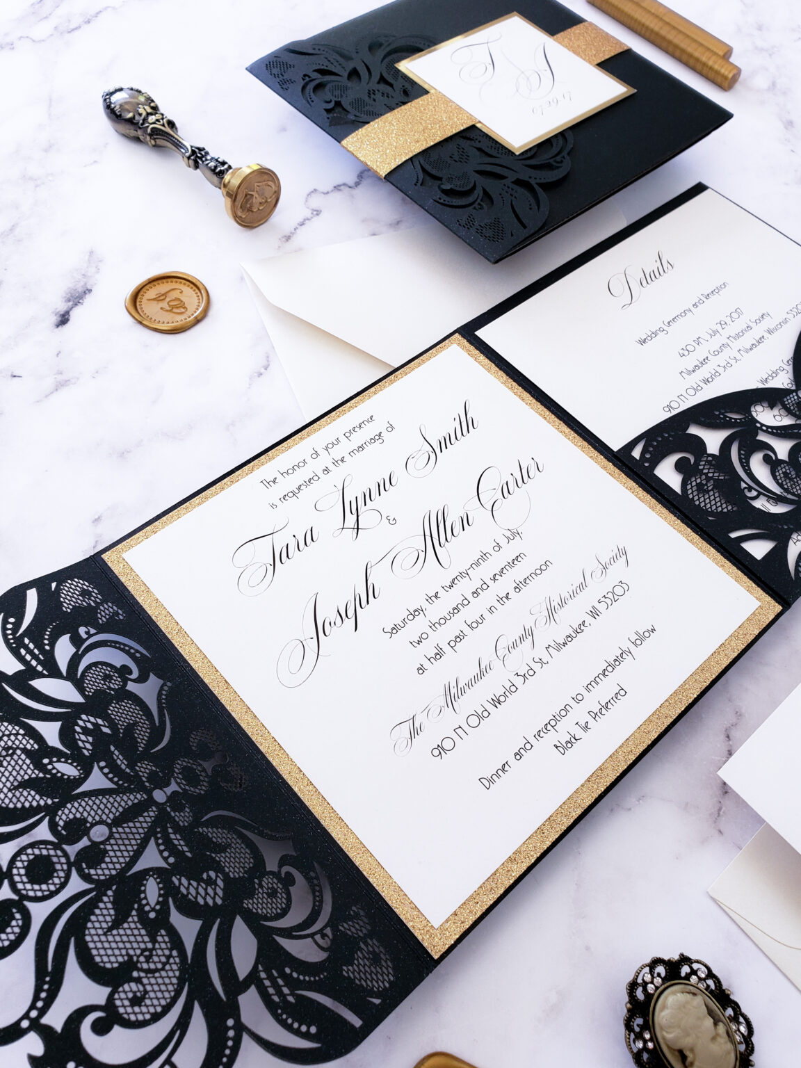 Black gold laser cut Invite, art deco wedding invitation laser cut