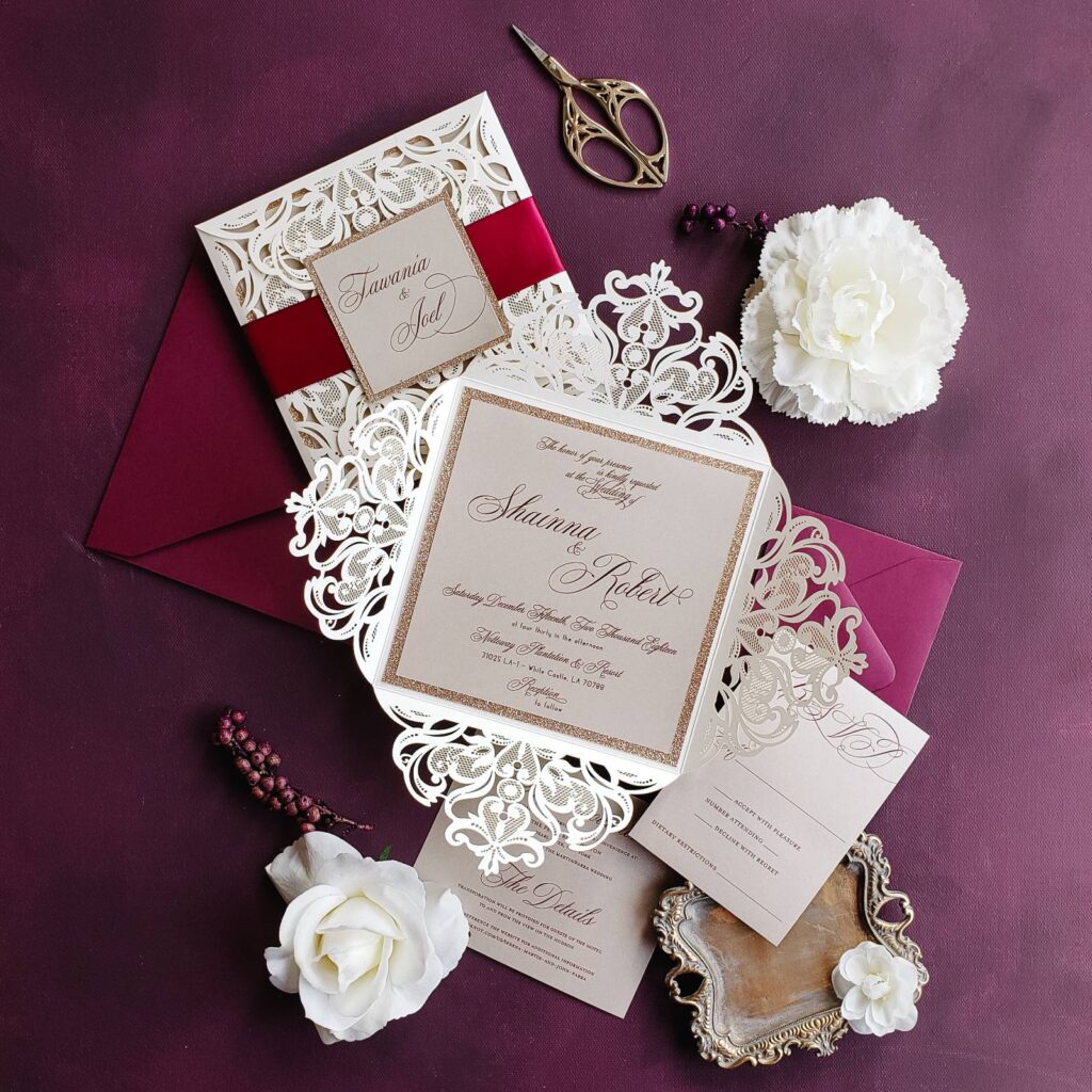 Burgundy and Gold Glitter Pocket Wedding Invitation — CZ INVITATIONS