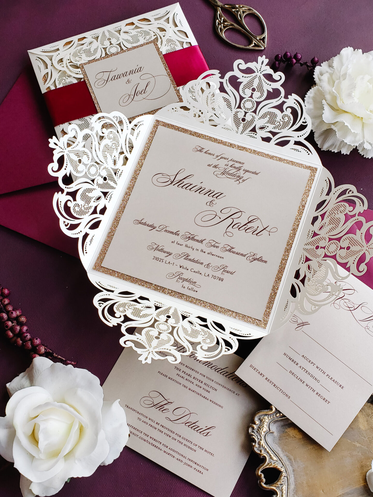 Burgundy Wedding Save the Date Cards, Lace Wedding Save The Dates