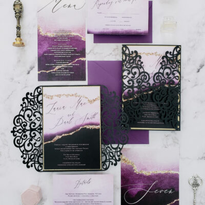 purple white and black stationery set with lace