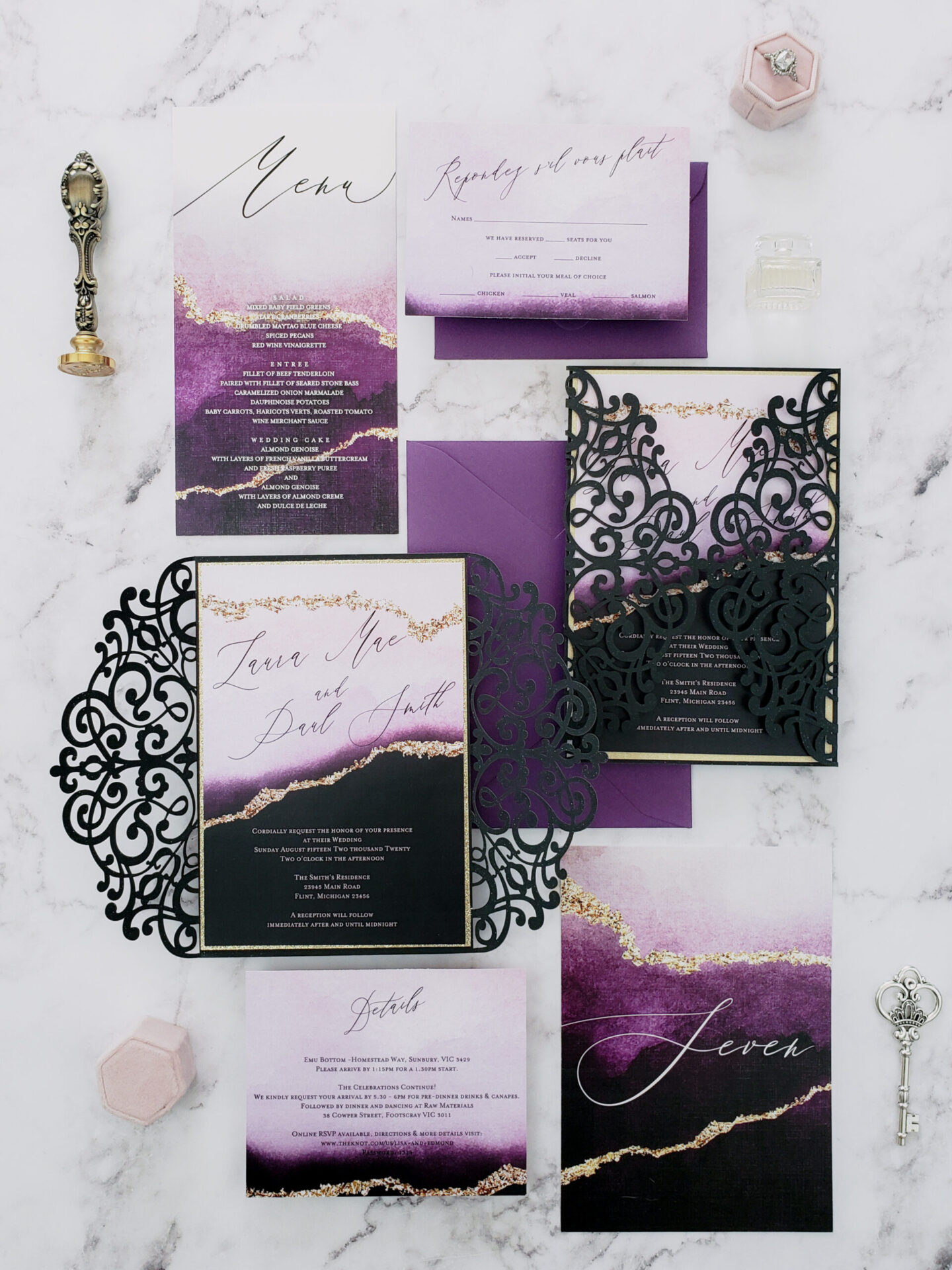 purple white and black stationery set with lace