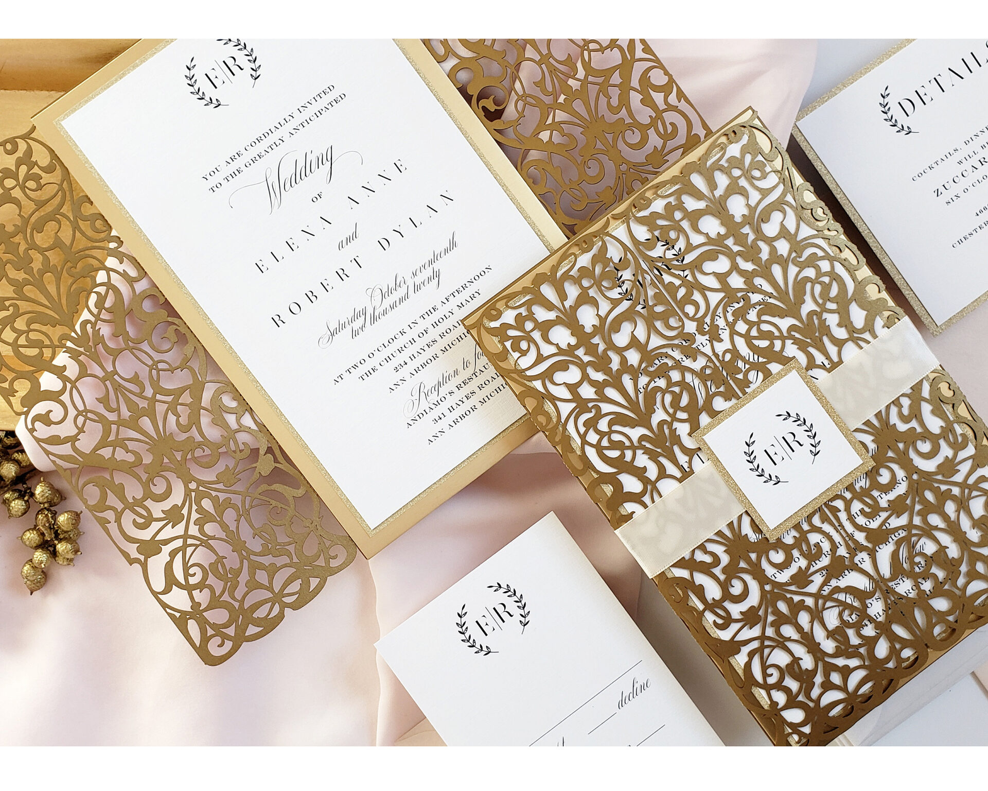 Gold and Navy Wedding Invitations, Damask Wedding Invitation