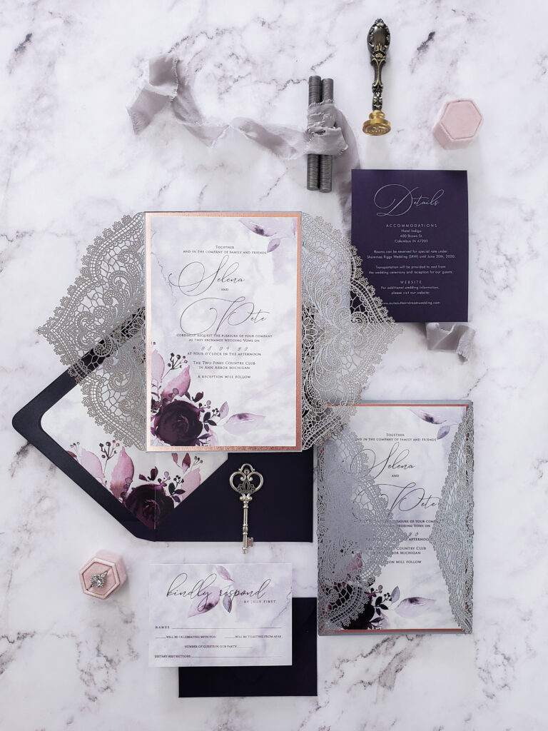 Floral laser cut wedding invitation wrap, laser cut wedding invites sample suite with floral accent, purple and silver