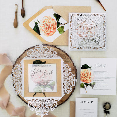 kraft rustic laser cut wedding invitations, rustic wedding invitation with kraft paper, floral rustic chic wedding invites