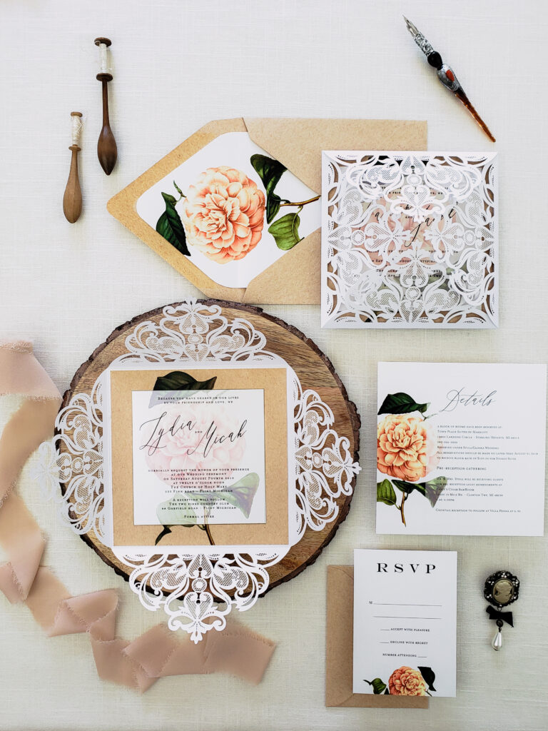 kraft rustic laser cut wedding invitations, rustic wedding invitation with kraft paper, floral rustic chic wedding invites