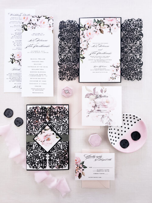 black laser cut wedding invites, laser cut wedding invitation suite with blush floral, botanical spring wedding invitation suite