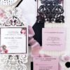 black glitter laser cut wedding invitation, moody blush and black wedding invitation laser cut sample, laser cut invites