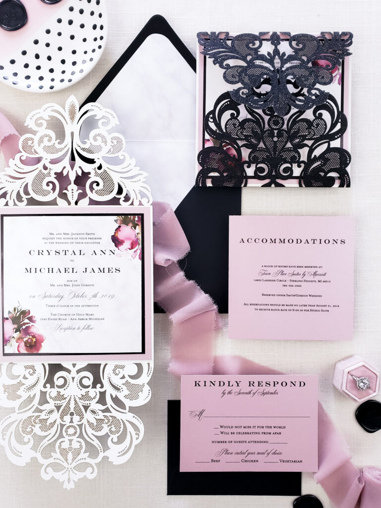 black glitter laser cut wedding invitation, moody blush and black wedding invitation laser cut sample, laser cut invites