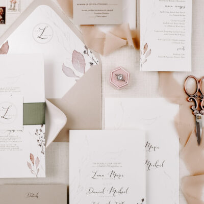 pink themed stationery and ring