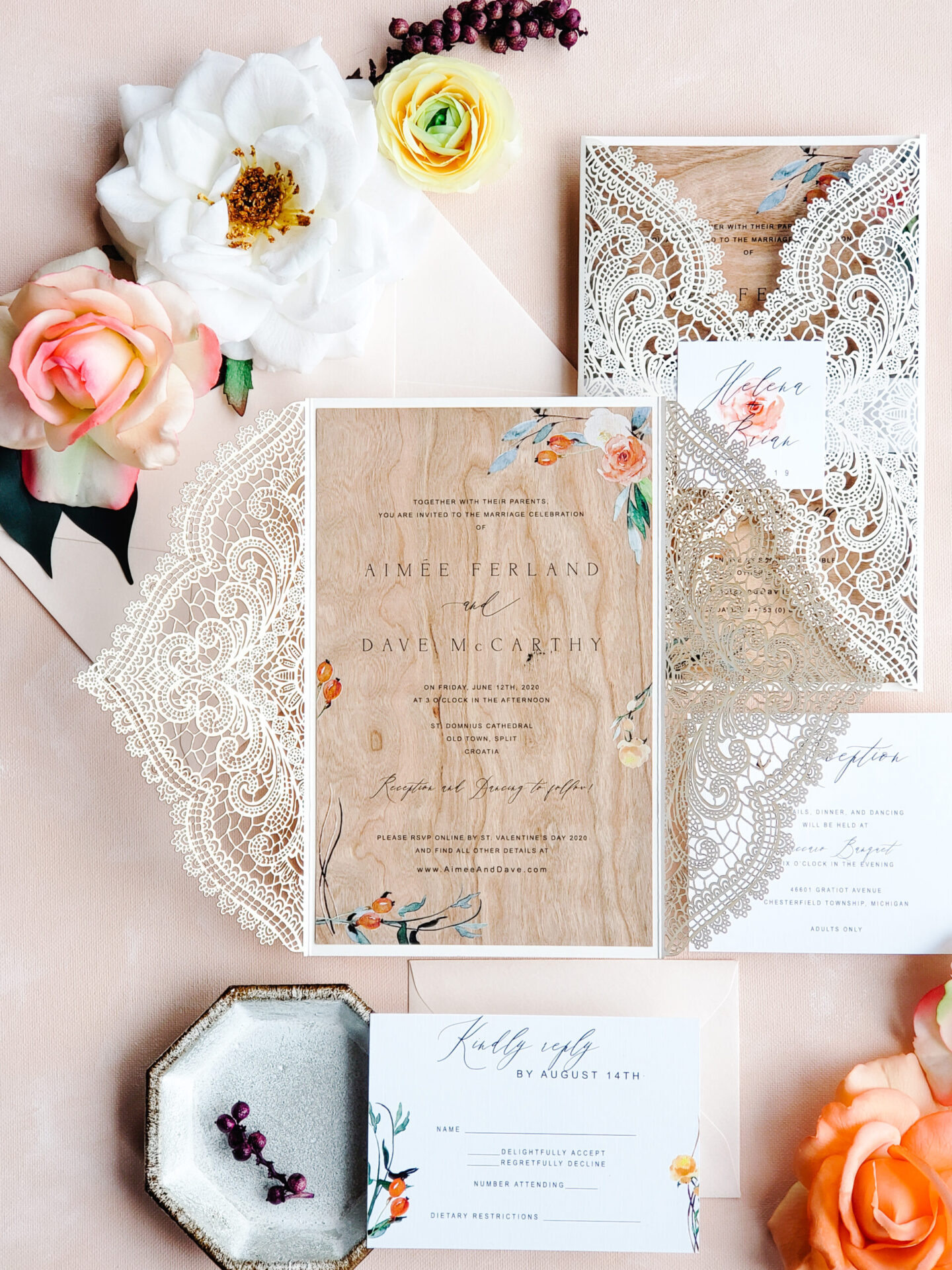 Kraft Wedding Invitation Set Personalised Lace Wedding Card Rustic Ele