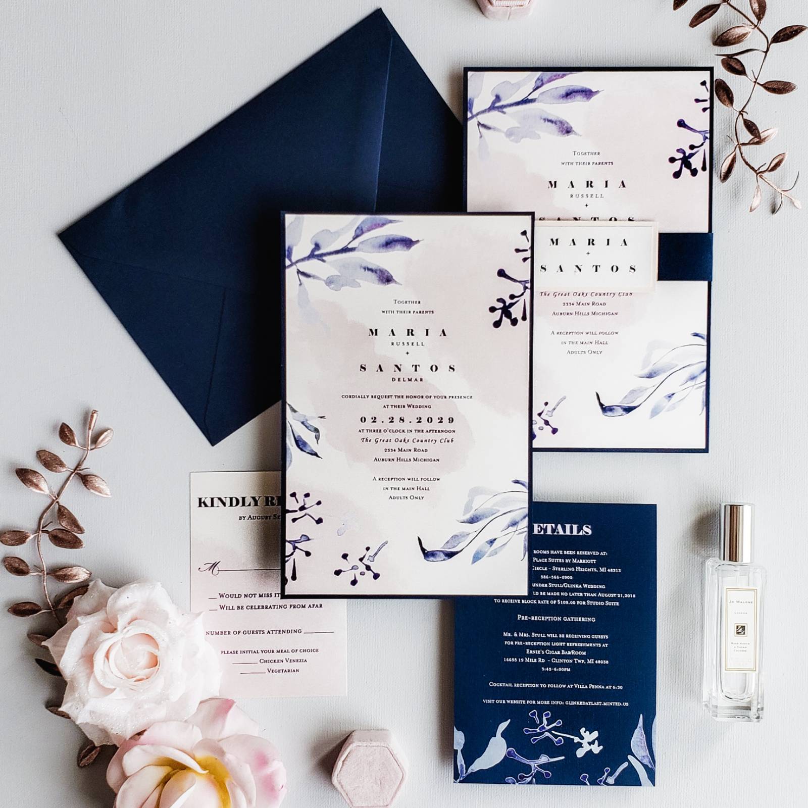 Blue Floral Place Setting Botanical Wedding Name Cards Personalised Wedding Stationery Wedding Place Cards