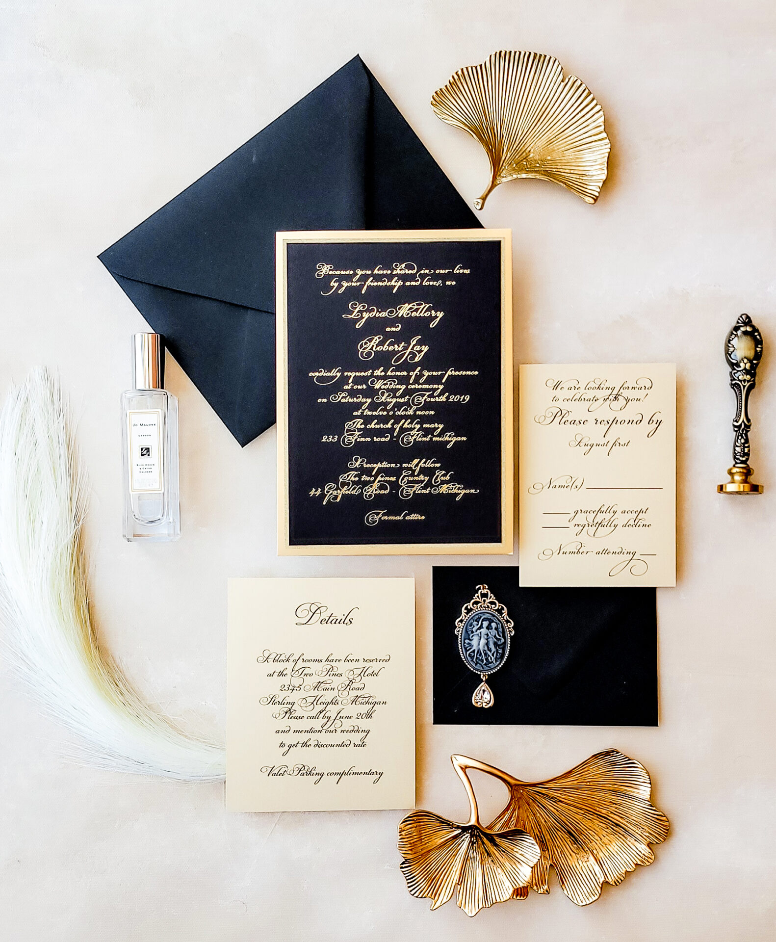 Navy Blue Floral Butterflies and Gold Geometric Acrylic Invitation