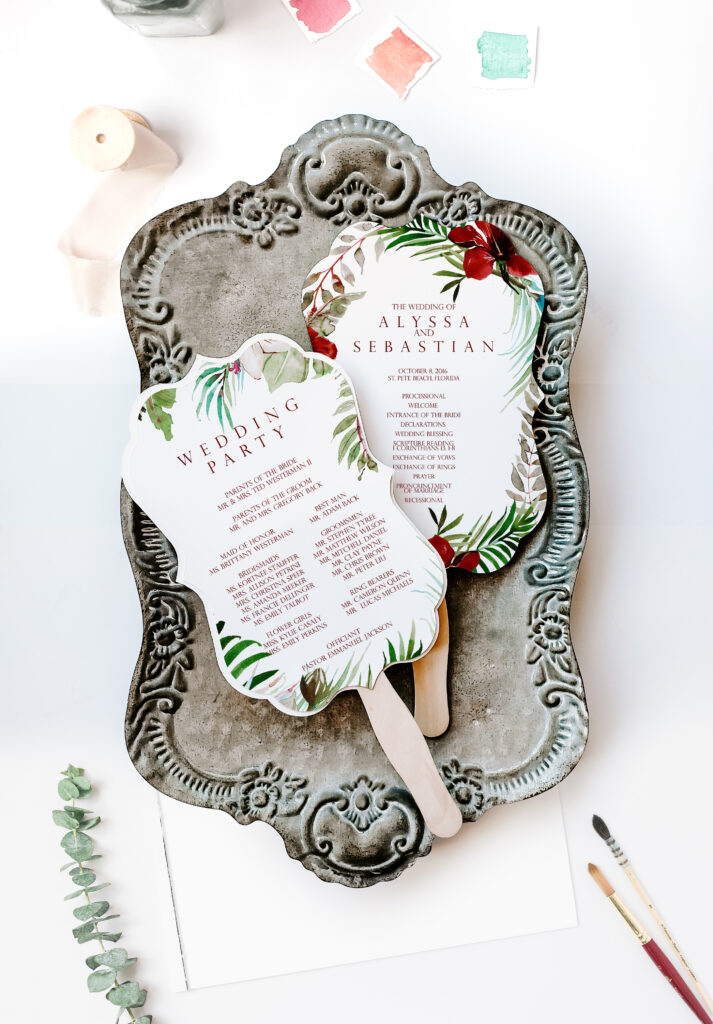 [vc_row][vc_column][vc_separator][vc_column_text]Our wedding program fans are a gorgeous fit for any summer warm wedding and outdoor ceremonies. These beautiful fans will be a treat to your guests! See below to estimate a cost for this and other day-of items.[/vc_column_text][/vc_column][/vc_row][vc_row][vc_column][vc_tta_accordion style=