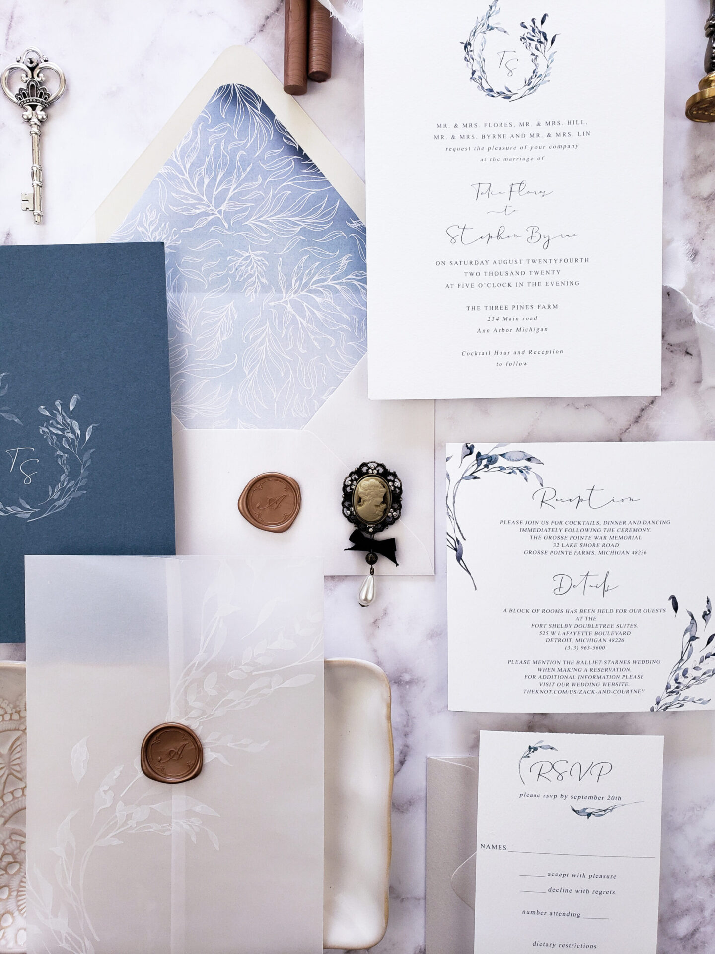 dusty blue vellum wedding invitation suite