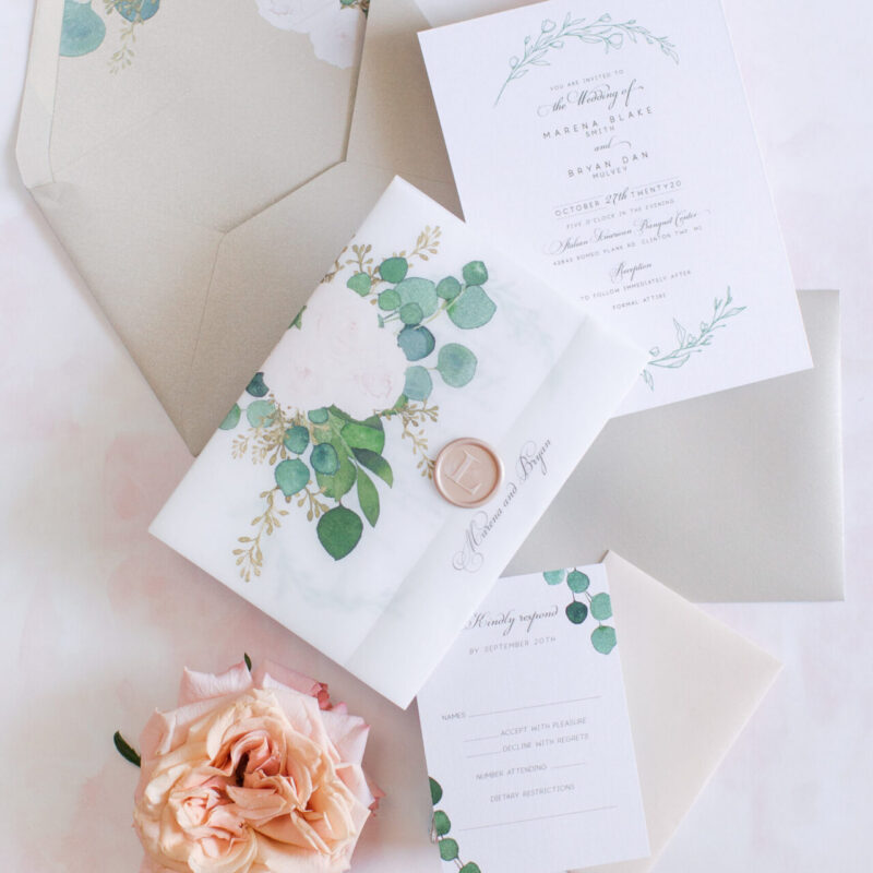 leaf wreath design with flower and wax seal