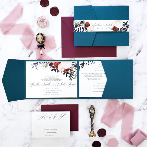 wedding invitations blue and purple with wax seals and floral bellyband