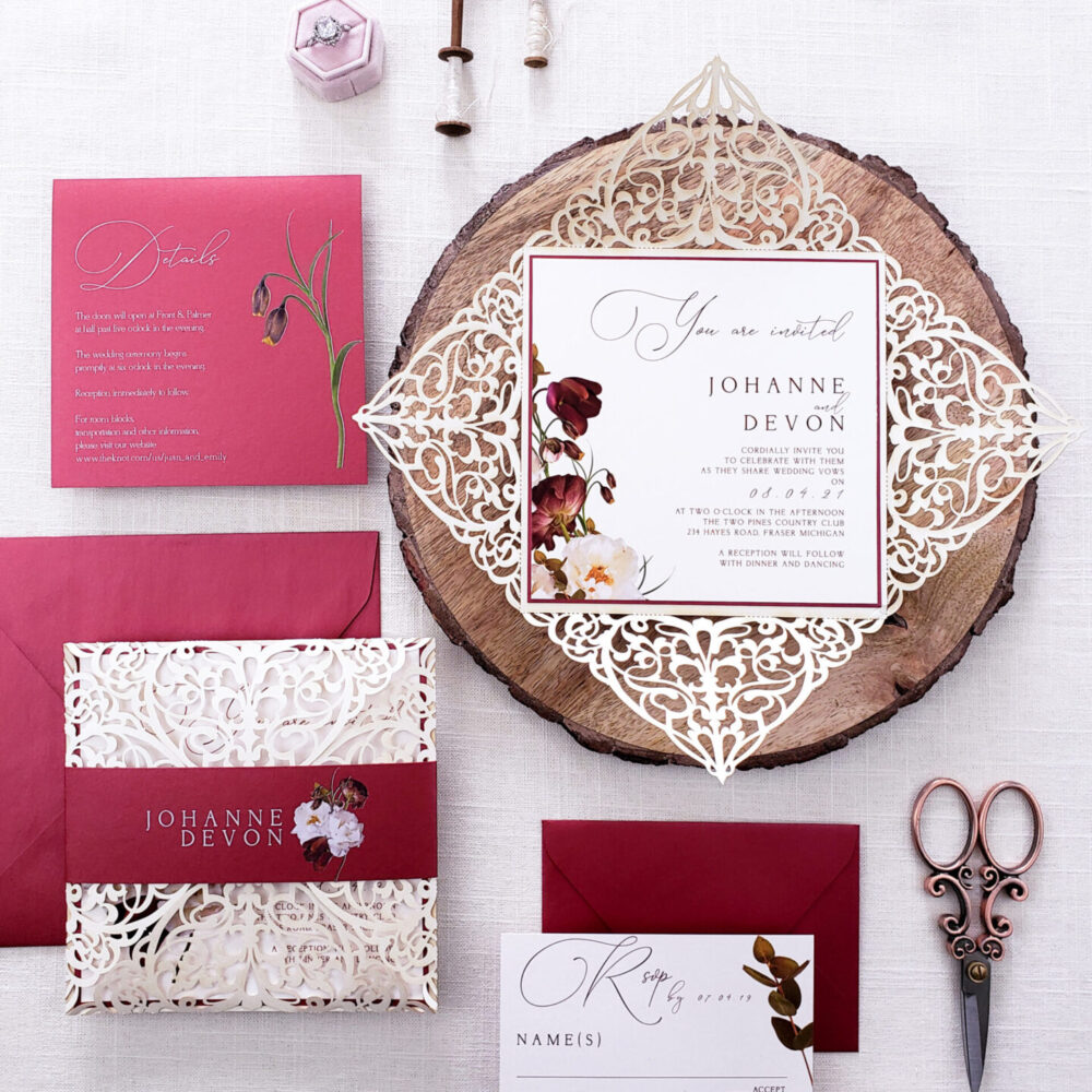 burgundy and ivory laser cut wedding invitations, floral wedding invitation with realistic flowers, invitations for wedding