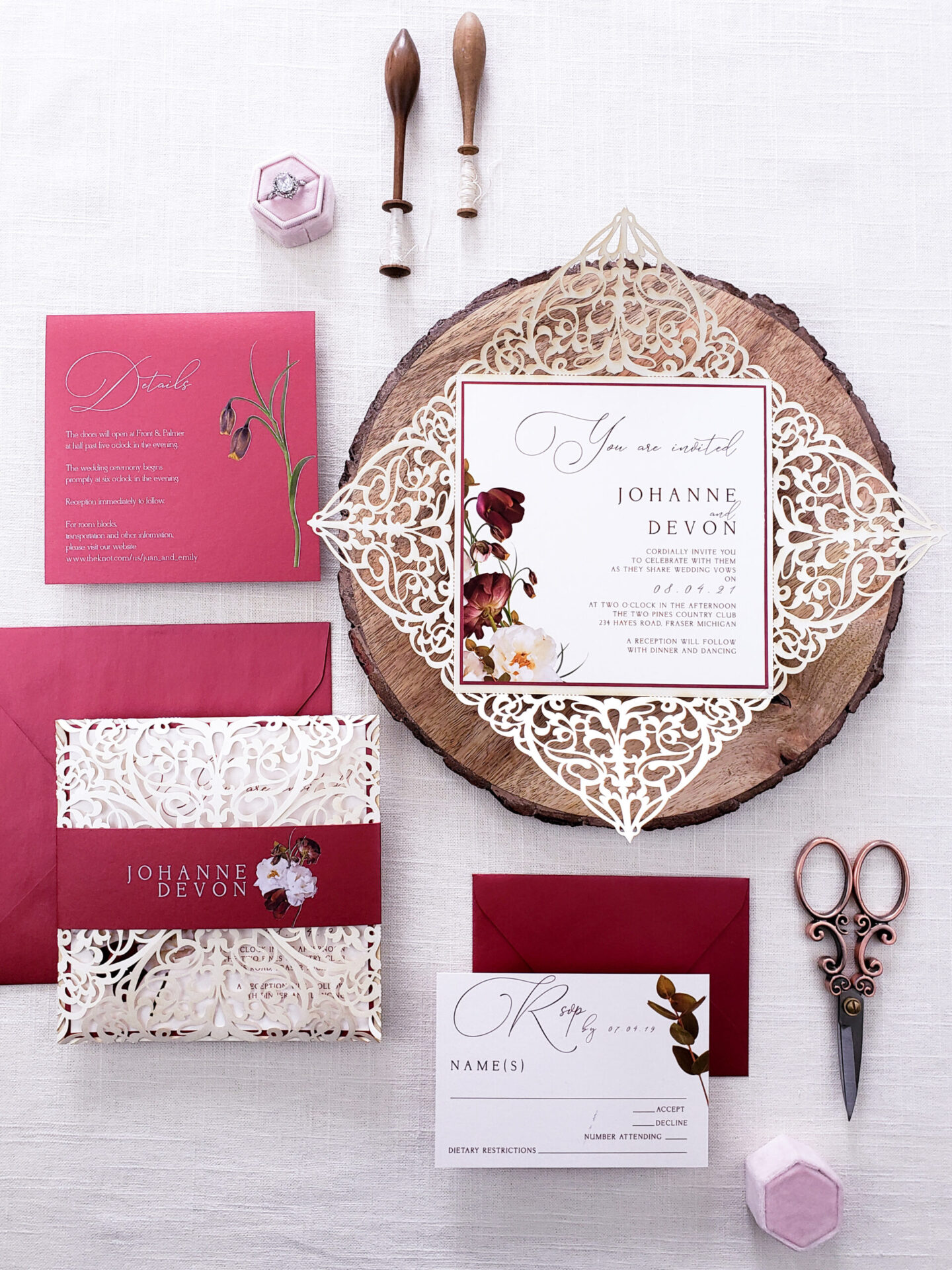 burgundy and ivory laser cut wedding invitations, floral wedding invitation with realistic flowers, invitations for wedding