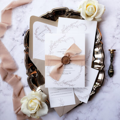 elegant wedding invitations with wax seal and chiffon ribbon, romantic wedding invitation with monogram, classic invitations