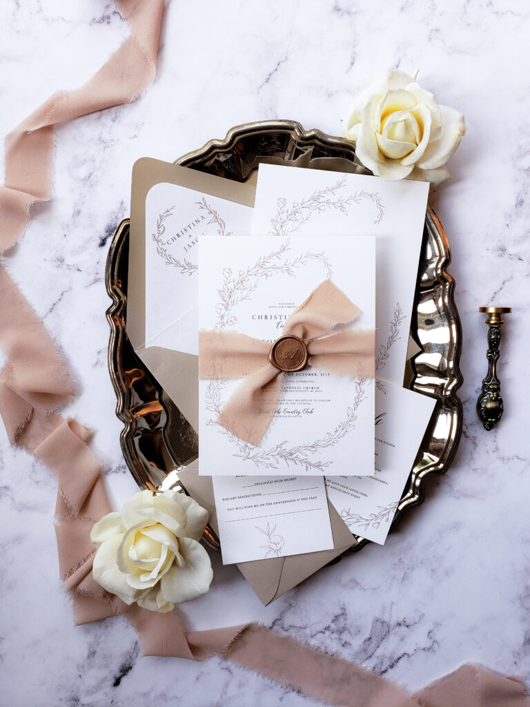 elegant wedding invitations with wax seal and chiffon ribbon, romantic wedding invitation with monogram, classic invitations