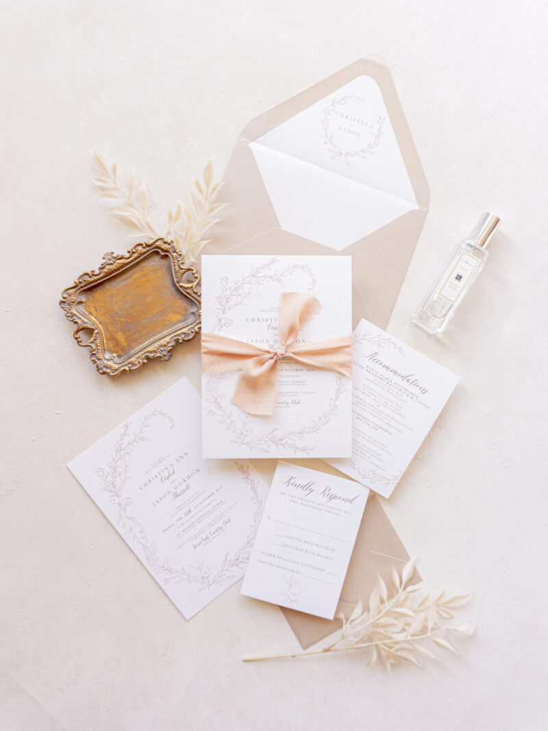 simple elegant wedding invitation suite with ribbon