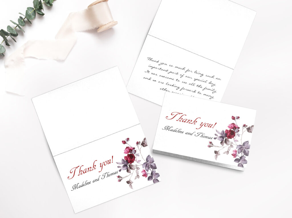 [vc_row][vc_column][vc_separator][vc_column_text]Our thank you cards can be created as 3.5x5 inch folded cards, blank inside for a hand written personal message, they can be created with or without a photo. They can also be set up as 4.5x6 inch cards printed front and back, featuring a photo on the front, and a 