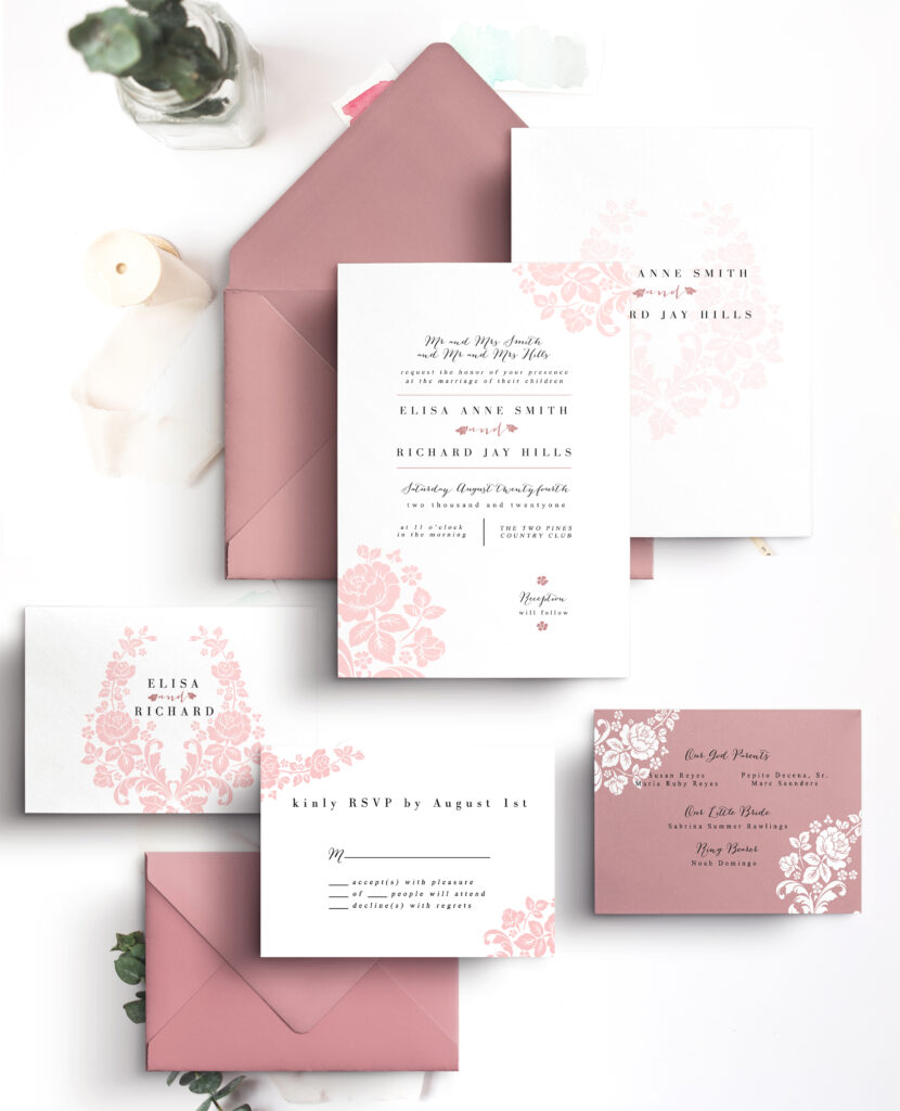 old rose envelopes with white stationery and baby pink flowers