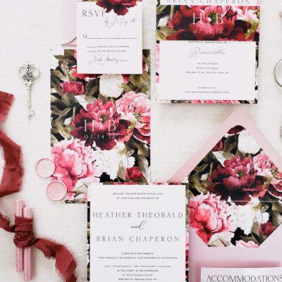 pink, dark pink, and white flower invitation stationery