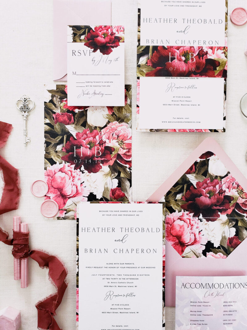 pink, dark pink, and white flower invitation stationery